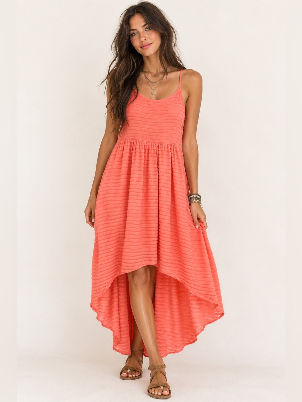 Mimi Chica Y2K Sleeveless High Low Sundress | Vivid Coral | Size Small
